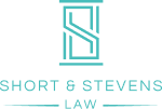 A teal logo with a stylized "S" inside a rectangular outline, above "SHORT & STEVENS LAW".