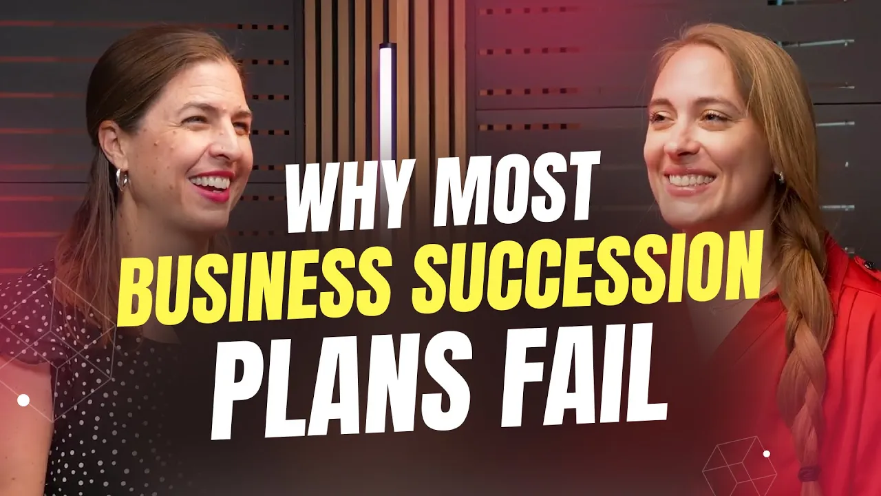 Two smiling women, one in a polka dot top and one in red, with text "WHY MOST BUSINESS SUCCESSION PLANS FAIL."