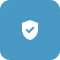 A white shield with a checkmark inside is centered on a rounded, light blue square background.