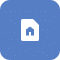 A white document icon with a small house symbol is centered on a textured blue rounded square.