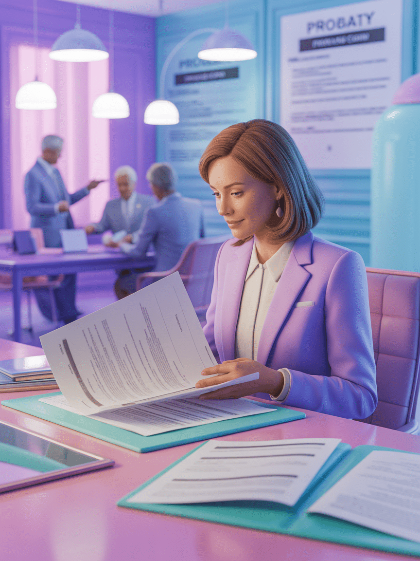 A woman in a purple suit reviews documents at a pink desk, with "PROBATE" visible on a blue wall.