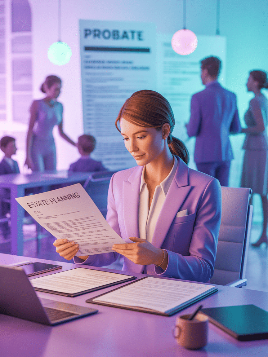 A woman in a lavender suit reads a document titled "ESTATE PLANNING" at a desk, with people and a "PROBATE" sign in the background.