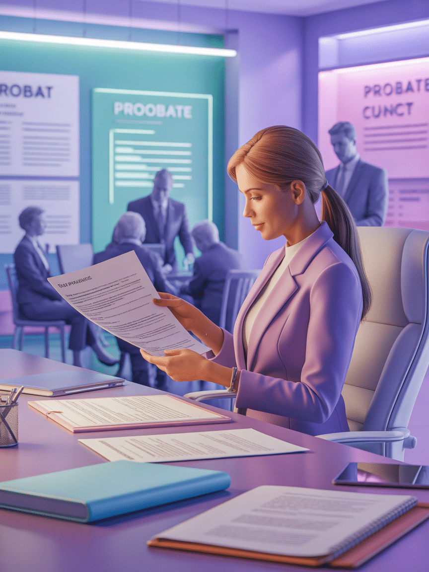A woman in a purple blazer reads a document at a desk, with "PROBATE" signs and people in the background.